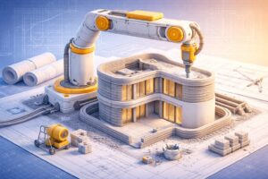 Robot imprimante 3D construisant une maison en béton.