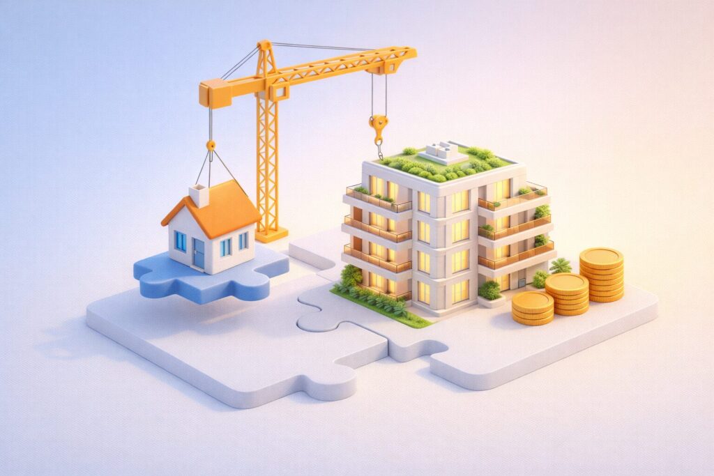 Transformation d'une maison en immeuble par un promoteur immobilier.