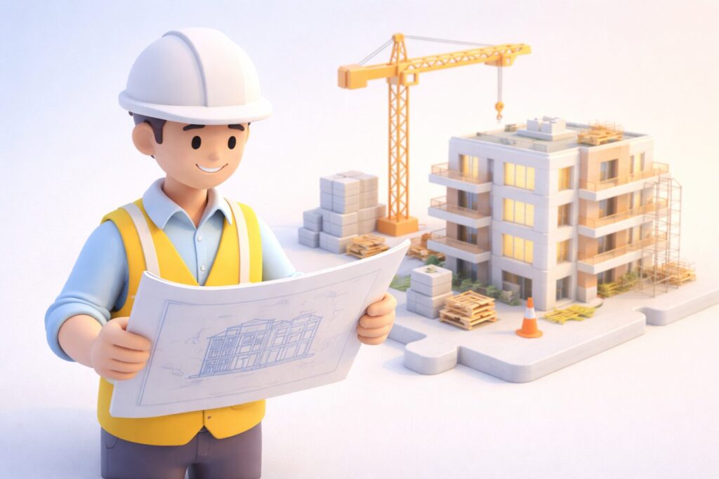 Promoteur immobilier supervisant un chantier de construction.