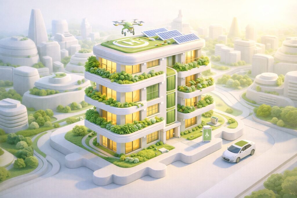 Immeuble du futur écologique et intelligent à énergie positive.