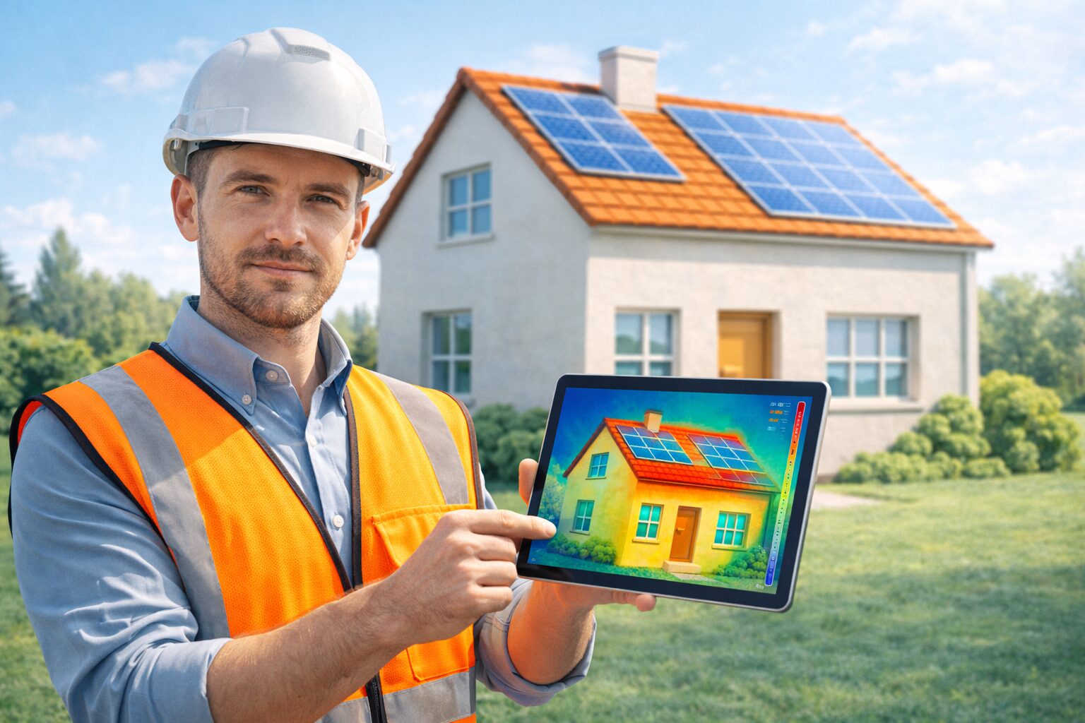 Ingénieur réalisant un audit énergétique avec caméra thermique