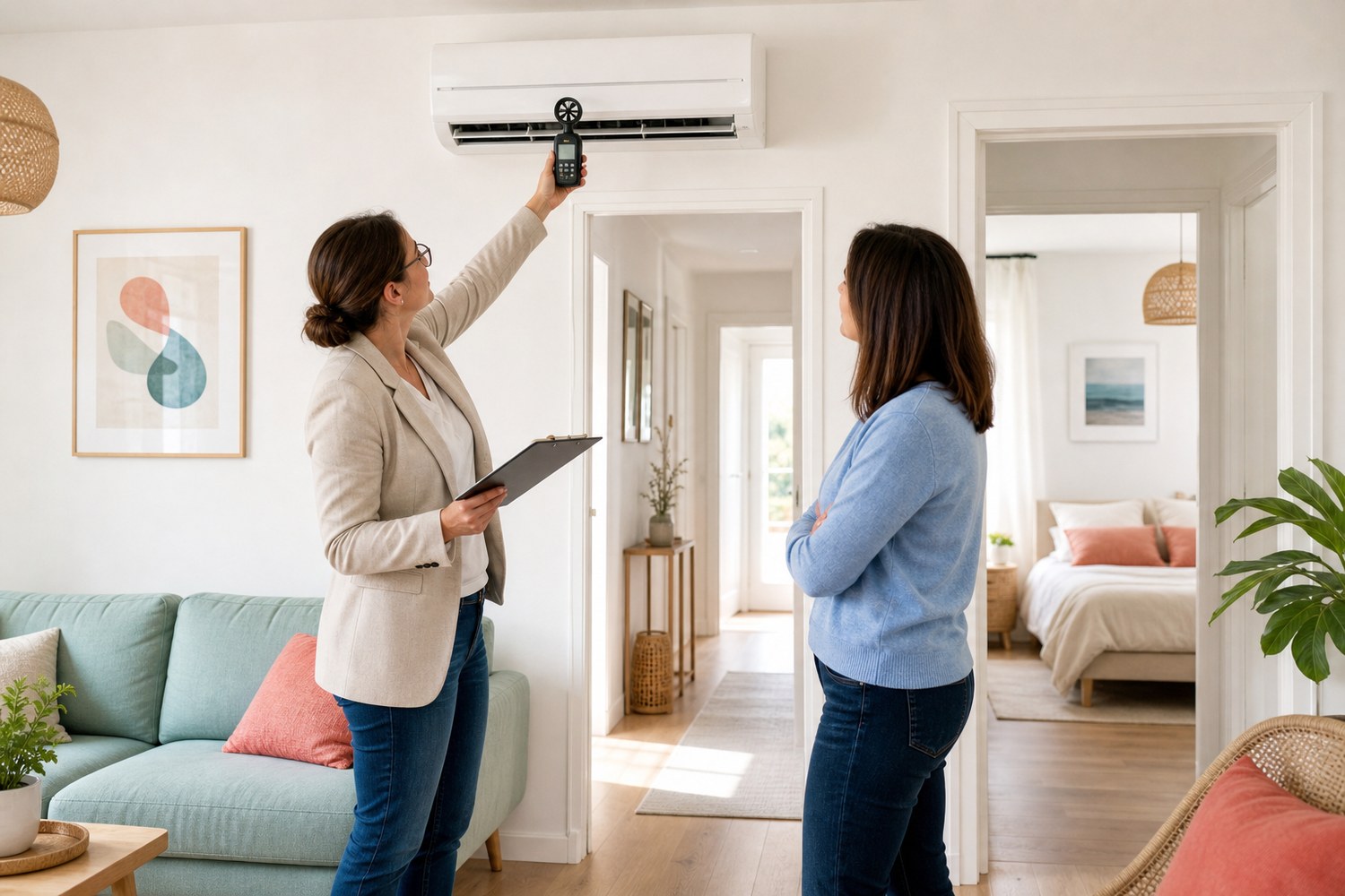Auditrice énergétique mesurant le débit d’air d’une pompe à chaleur air-air dans un logement aux pièces communicantes