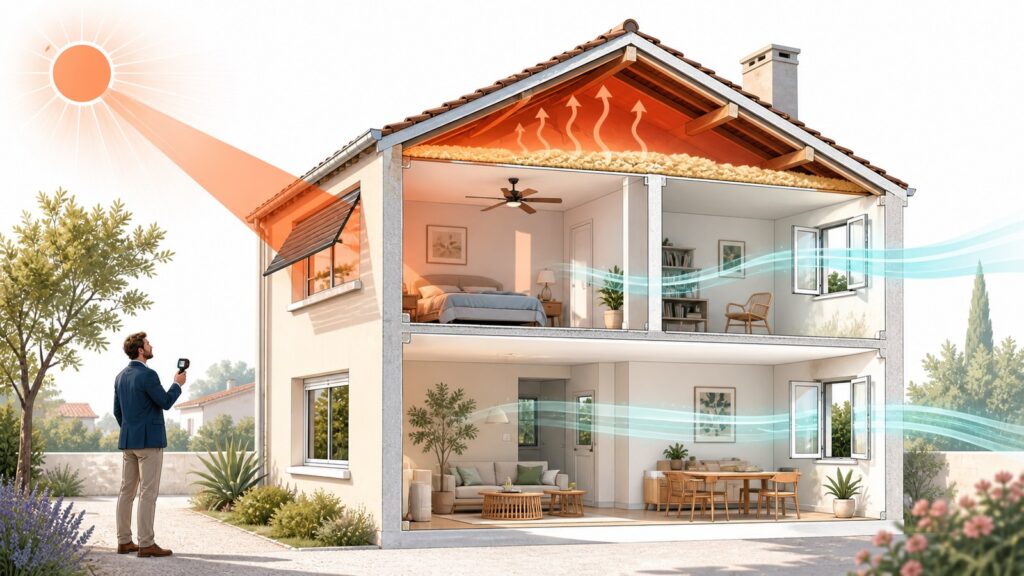 Coupe lumineuse d’une maison en canicule montrant la surchauffe sous toiture, la ventilation nocturne et l’analyse d’un auditeur énergétique indépendant