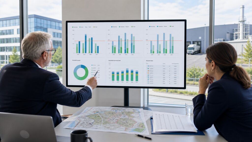 Auditeur et responsable énergie analysant les consommations consolidées de plusieurs sites d’entreprise