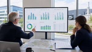 Auditeur et responsable énergie analysant les consommations consolidées de plusieurs sites d’entreprise