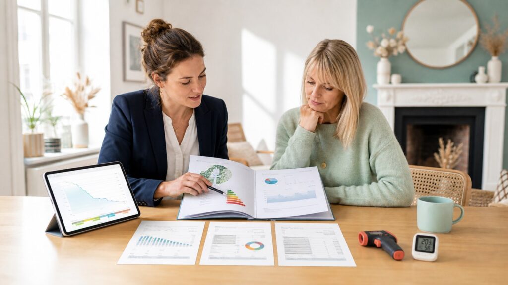 Auditrice énergétique et propriétaire comparant un rapport d’audit aux factures et courbes de consommation réelles