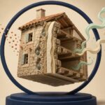 Maison ancienne en argile ouverte en coupe, traversée par la pluie, l’humidité et les flux d’air