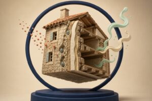 Maison ancienne en argile ouverte en coupe, traversée par la pluie, l’humidité et les flux d’air