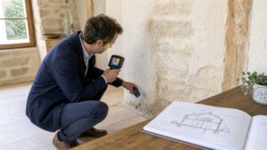 Auditeur énergétique indépendant mesurant un mur en pierre dans une maison ancienne avec caméra thermique et humidimètre