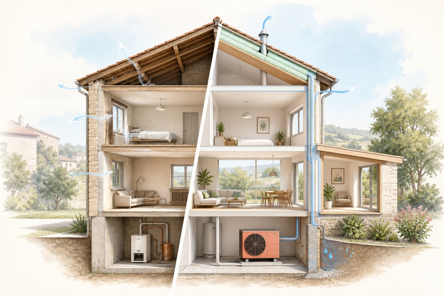Coupe lumineuse d’une même maison avant et après isolation, ventilation, changement de chauffage et extension