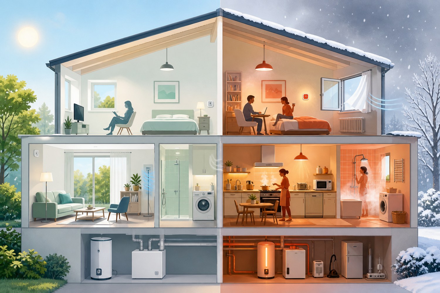 Maison en coupe comparant des conditions standardisées lumineuses à des usages réels en hiver avec chauffage, fenêtre ouverte, cuisson et eau chaude