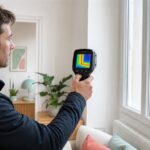 Auditeur utilisant une caméra thermique sur une fenêtre pour rechercher des anomalies de température