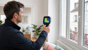 Auditeur utilisant une caméra thermique sur une fenêtre pour rechercher des anomalies de température