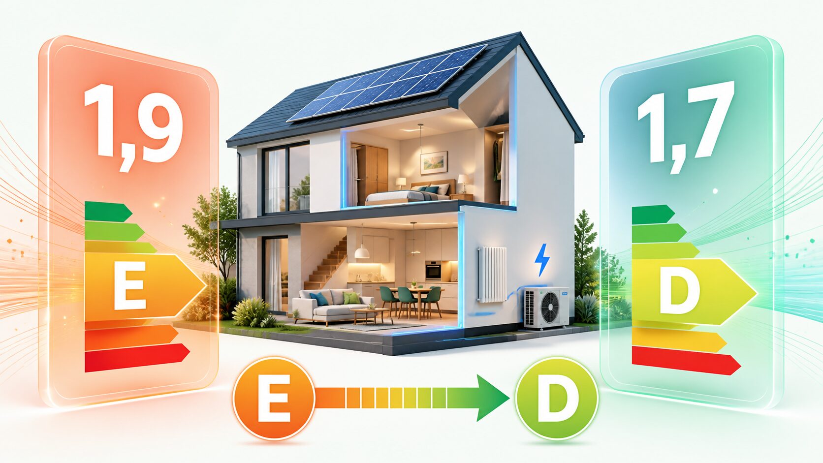 Maison électrique inchangée comparée avec les coefficients DPE 1,9 et 1,7, montrant le passage indicatif de E à D