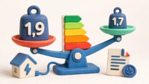 Balance 3D en clay comparant les coefficients électriques DPE 1,9 et 1,7 applicables en 2027