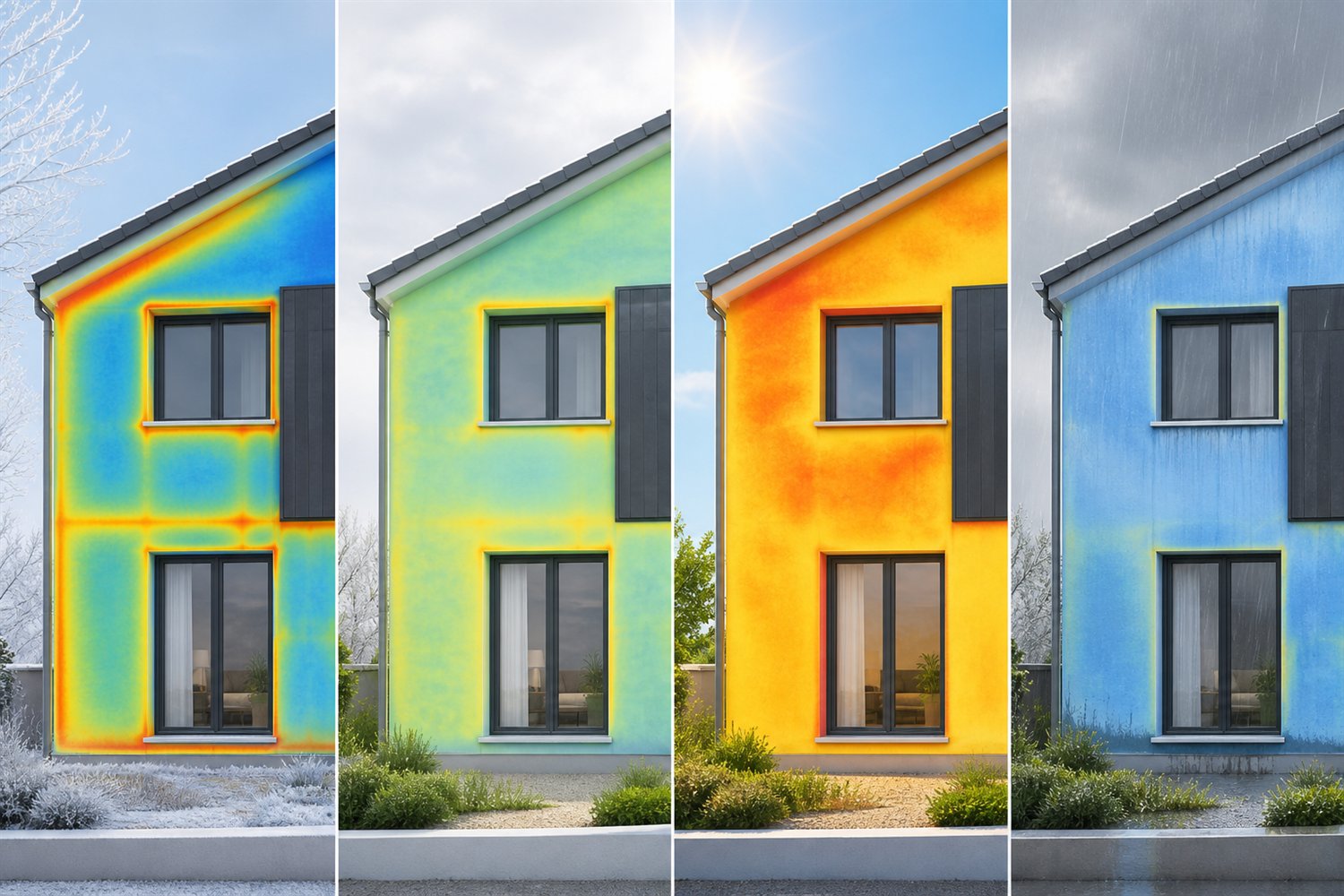 Comparaison d’une même façade observée par thermographie par temps froid, temps doux, en plein soleil et après la pluie