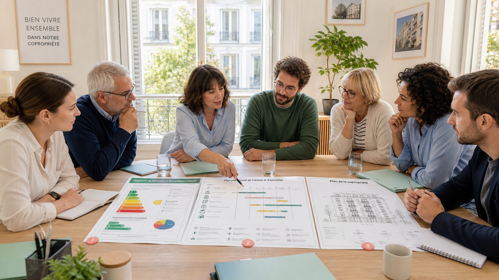 Six copropriétaires comparant en réunion un DPE collectif, un plan pluriannuel de travaux et le plan de leur immeuble