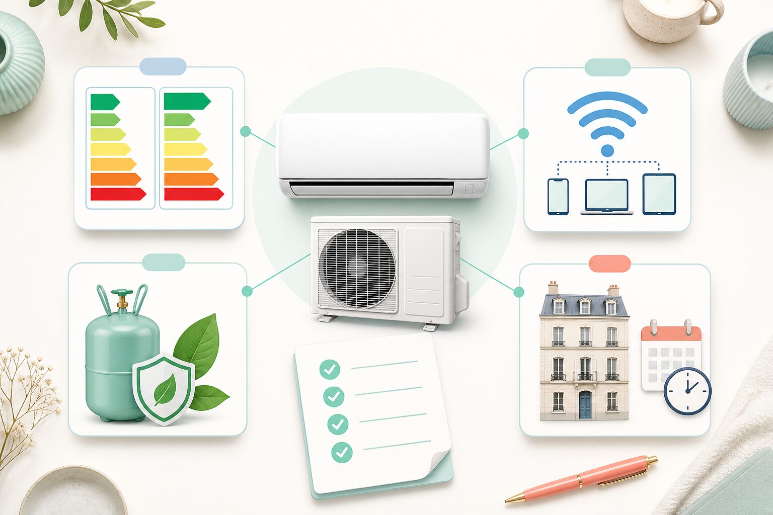 Schéma des critères de TVA réduite pour une PAC air-air : performance, connectivité, fluide et ancienneté du logement