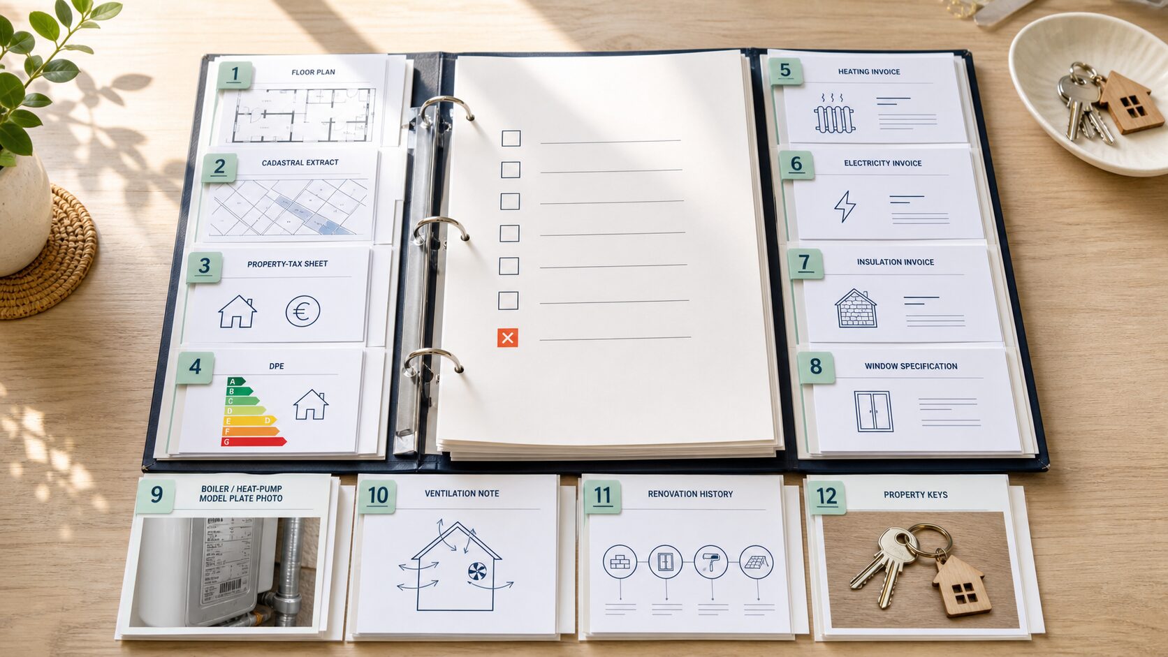 Dossier organisé en douze familles de documents avec plans, factures, DPE, notices d’équipements et checklist pour l’audit avant vente
