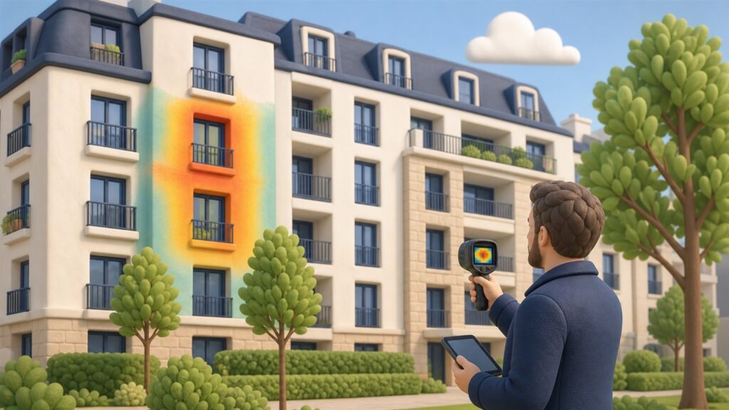 Expert réalisant une analyse thermique de la façade d’une copropriété pour préparer son audit énergétique