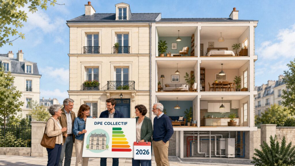 Six copropriétaires réunis autour du DPE collectif d’un petit immeuble et d’un calendrier 2026