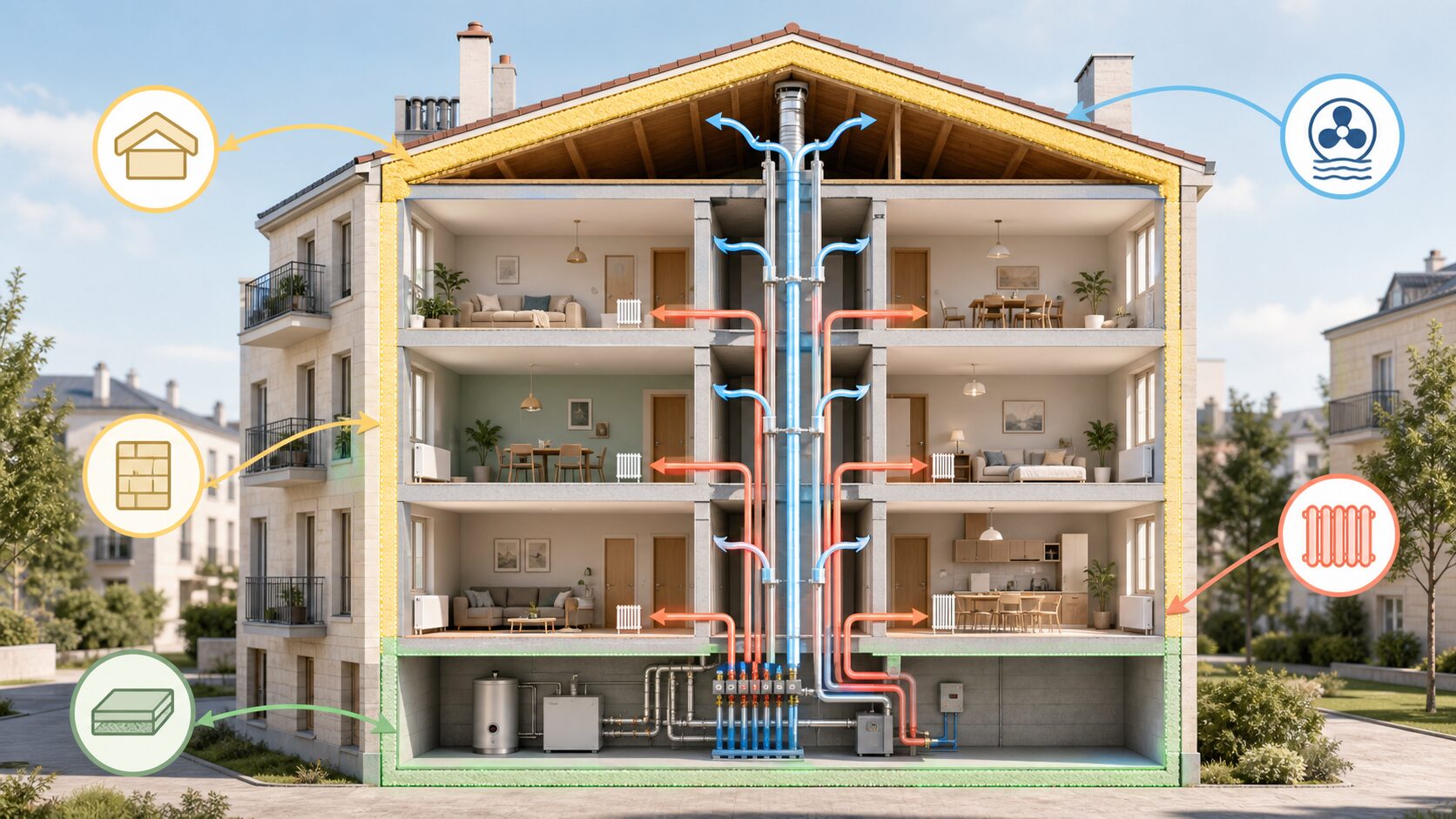 Coupe d’un petit immeuble montrant toiture, murs, plancher bas, ventilation et chauffage étudiés à l’échelle collective