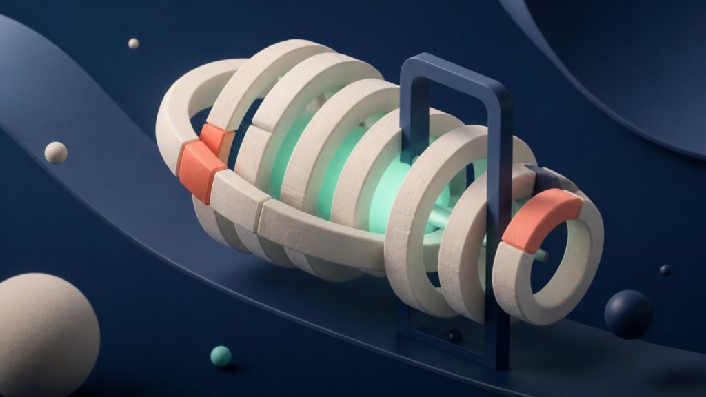 Capsule temporelle clay composée de cinq anneaux autour d’un cœur thermique menthe, traversée par une porte de vérification bleu nuit