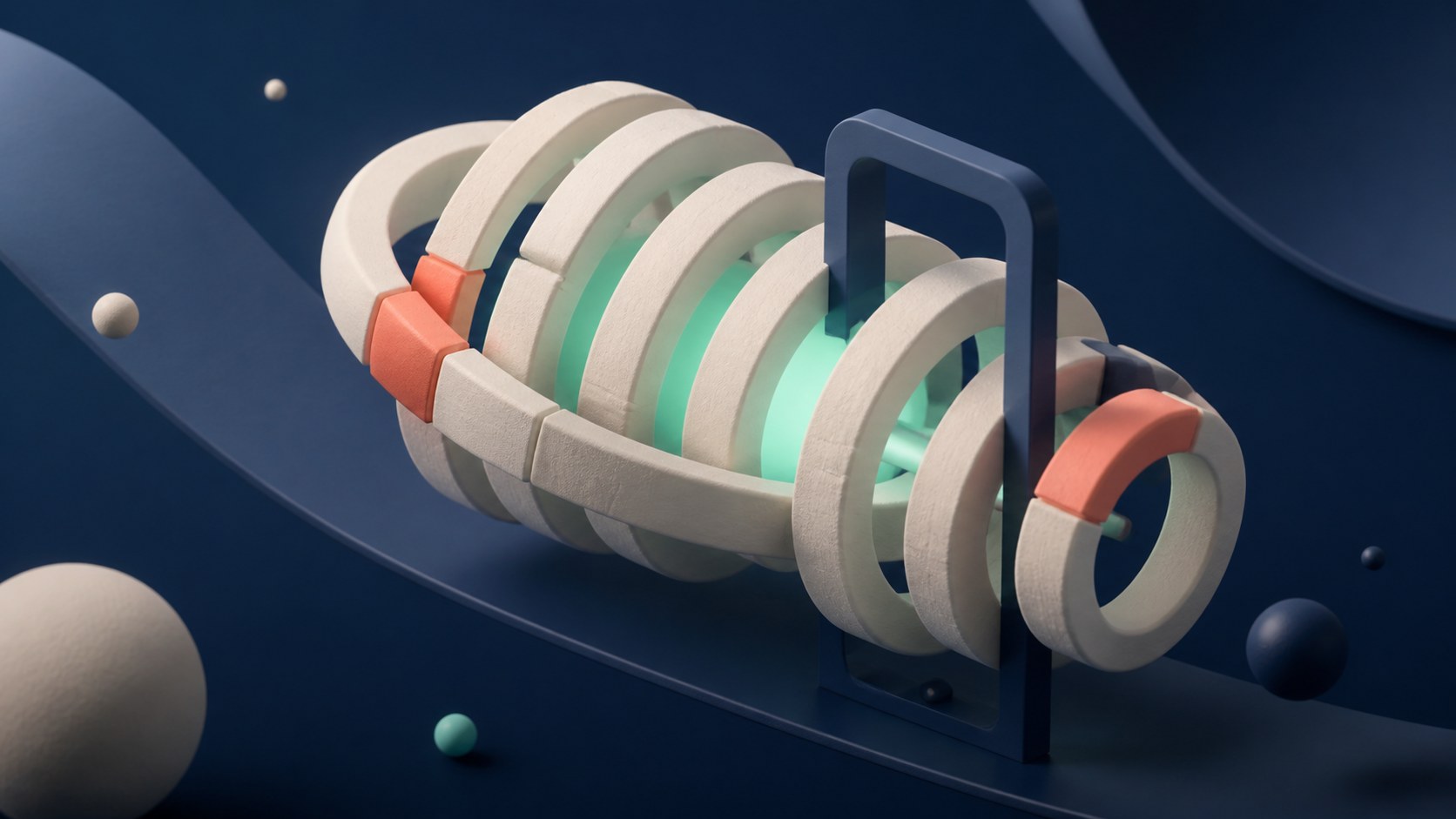 Capsule temporelle clay composée de cinq anneaux autour d’un cœur thermique menthe, traversée par une porte de vérification bleu nuit