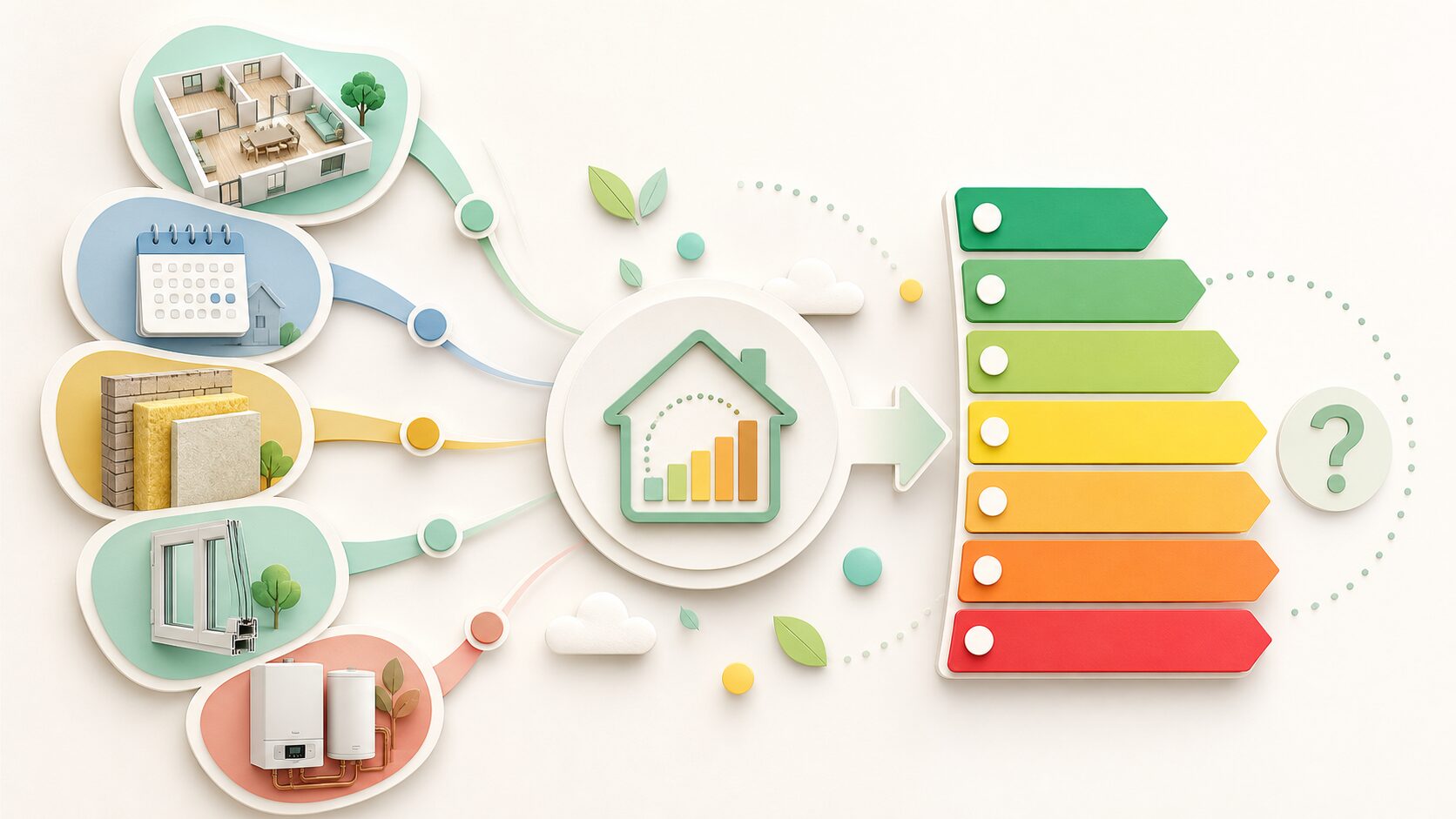 Infographie reliant surface, époque de construction, isolation, fenêtres et chauffage à une estimation énergétique indicative