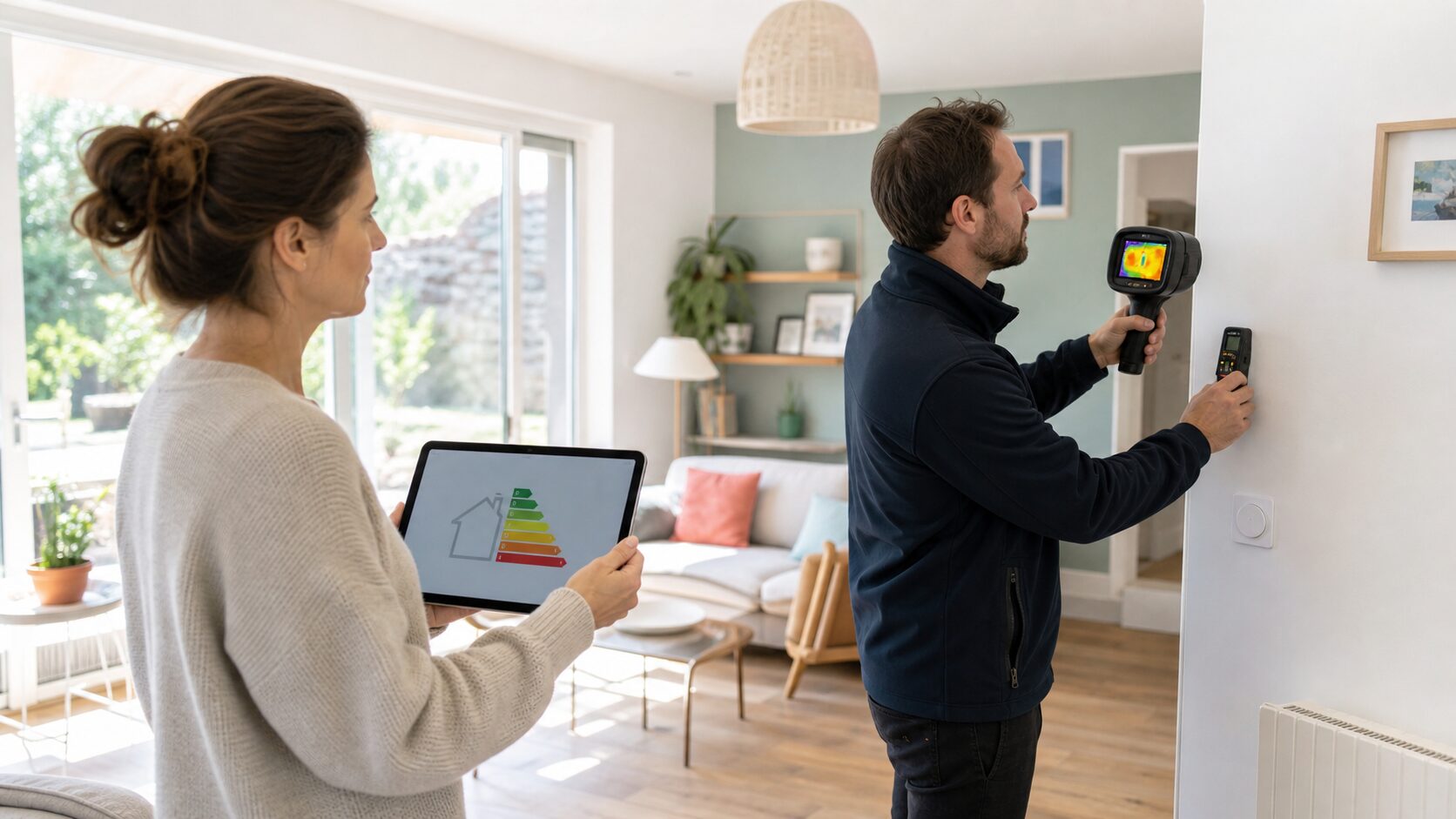 Auditeur énergétique contrôlant sur place avec une caméra thermique l’estimation DPE affichée sur une tablette