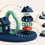 Maison en argile traversant un portail de simulation et se décomposant en jumeau énergétique