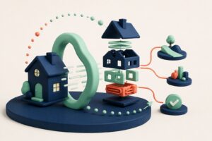Maison en argile traversant un portail de simulation et se décomposant en jumeau énergétique