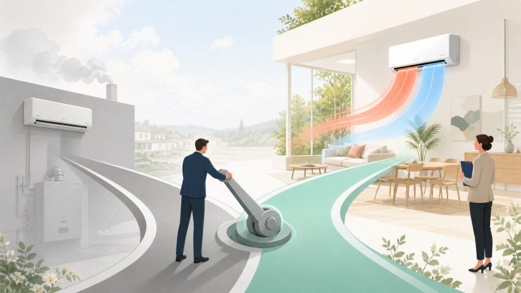 Illustration du virage du Gouvernement vers la pompe à chaleur air-air, entre ancienne voie grise et nouvelle trajectoire énergétique