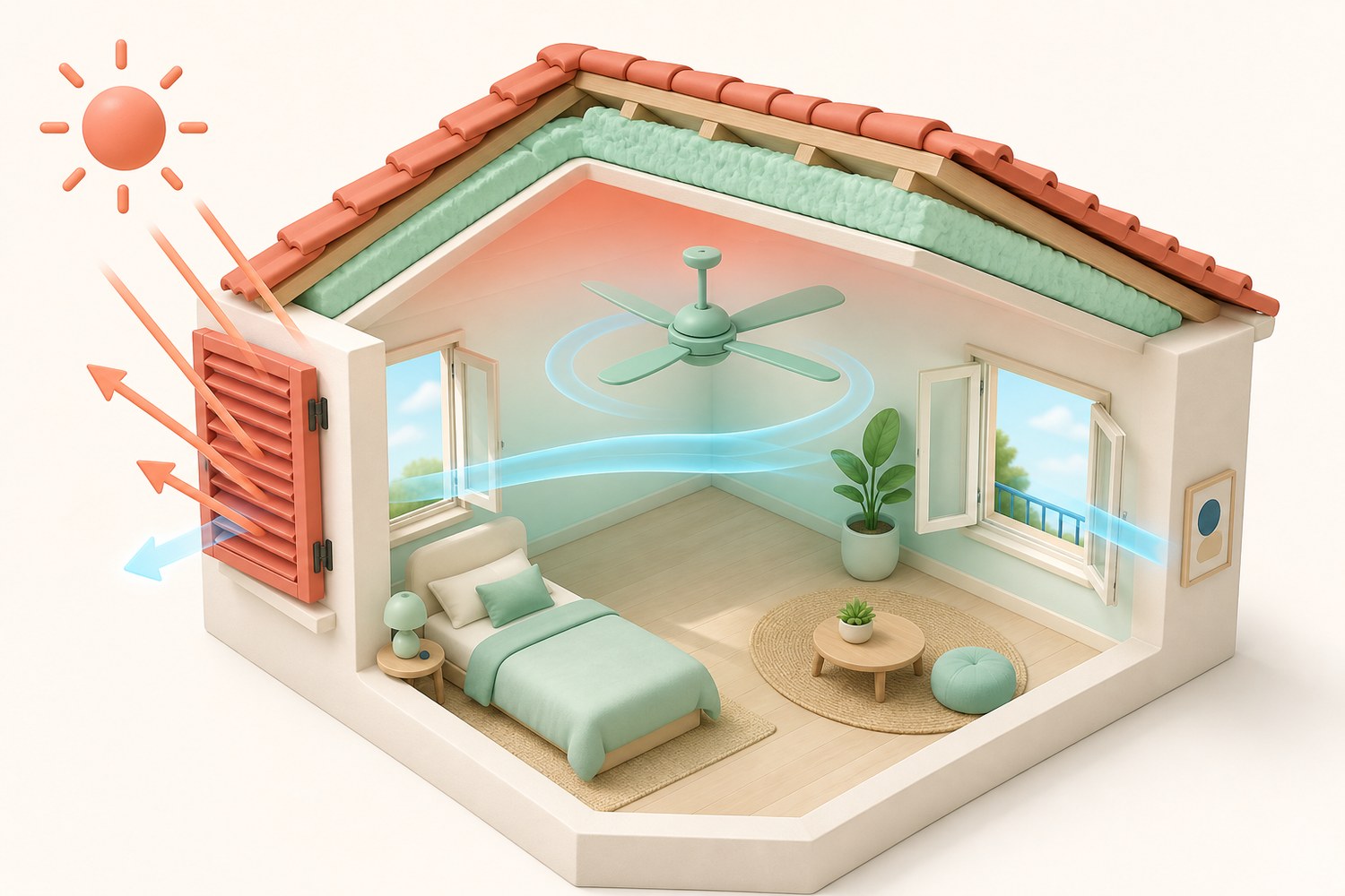Maquette clay d’une chambre sous toiture montrant volet extérieur, isolation, brasseur d’air et ventilation traversante