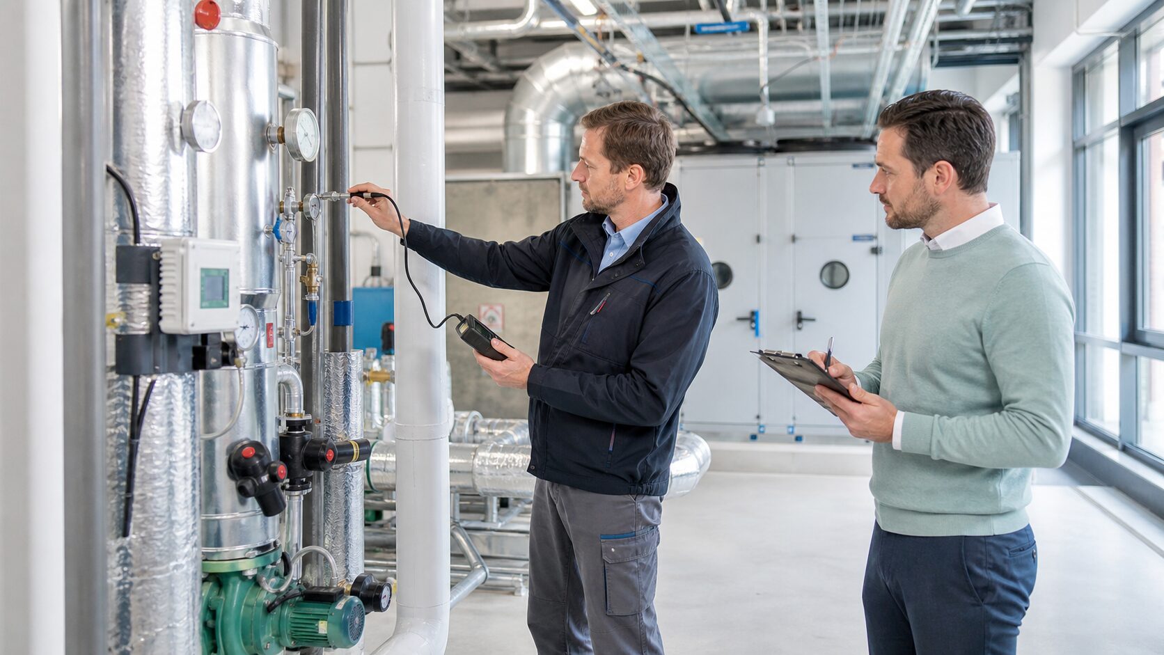 Auditeur énergétique indépendant effectuant des mesures dans un local technique sous le regard du responsable énergie de l’entreprise