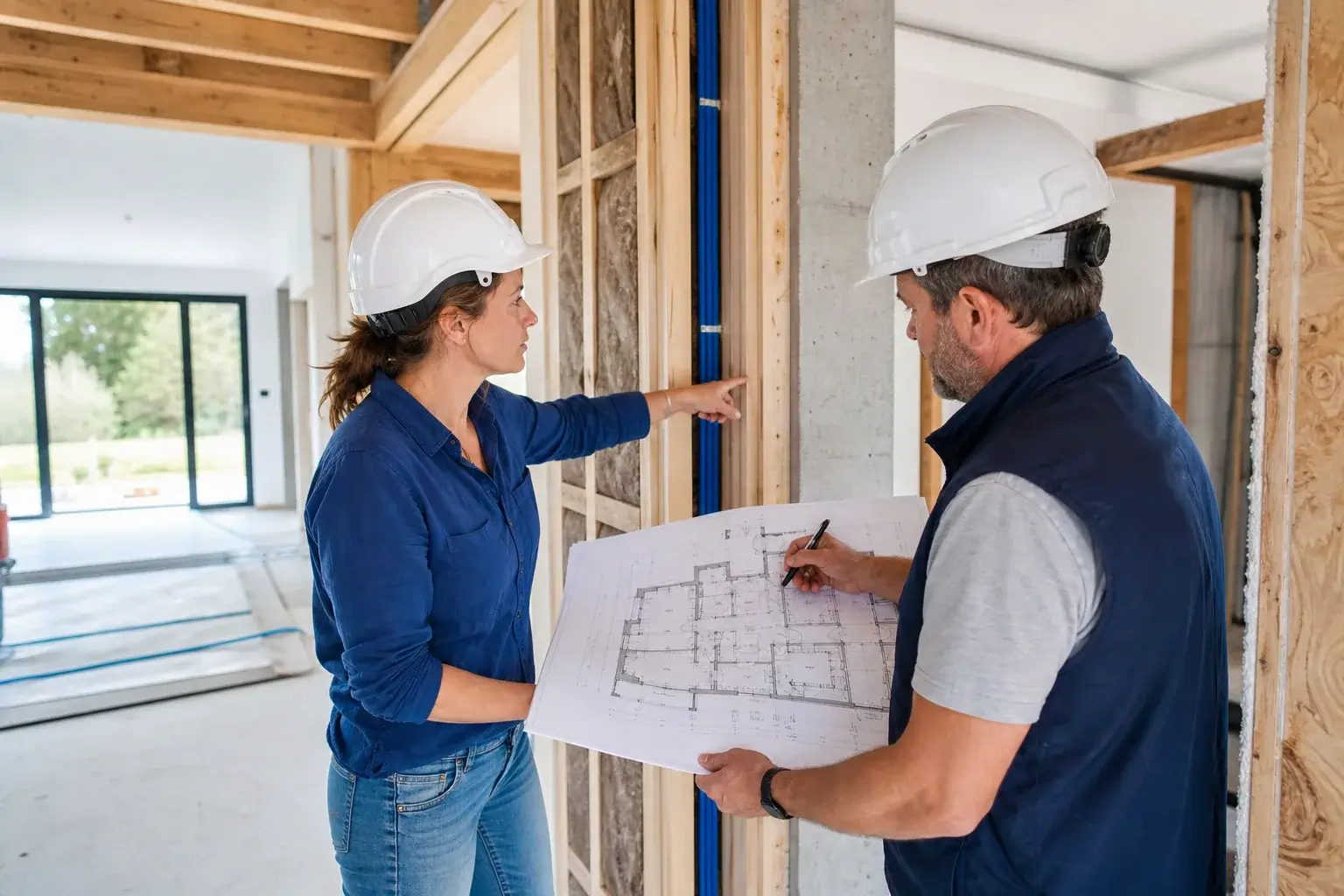 Réunion de maîtrise d’œuvre autour des plans d’un chantier