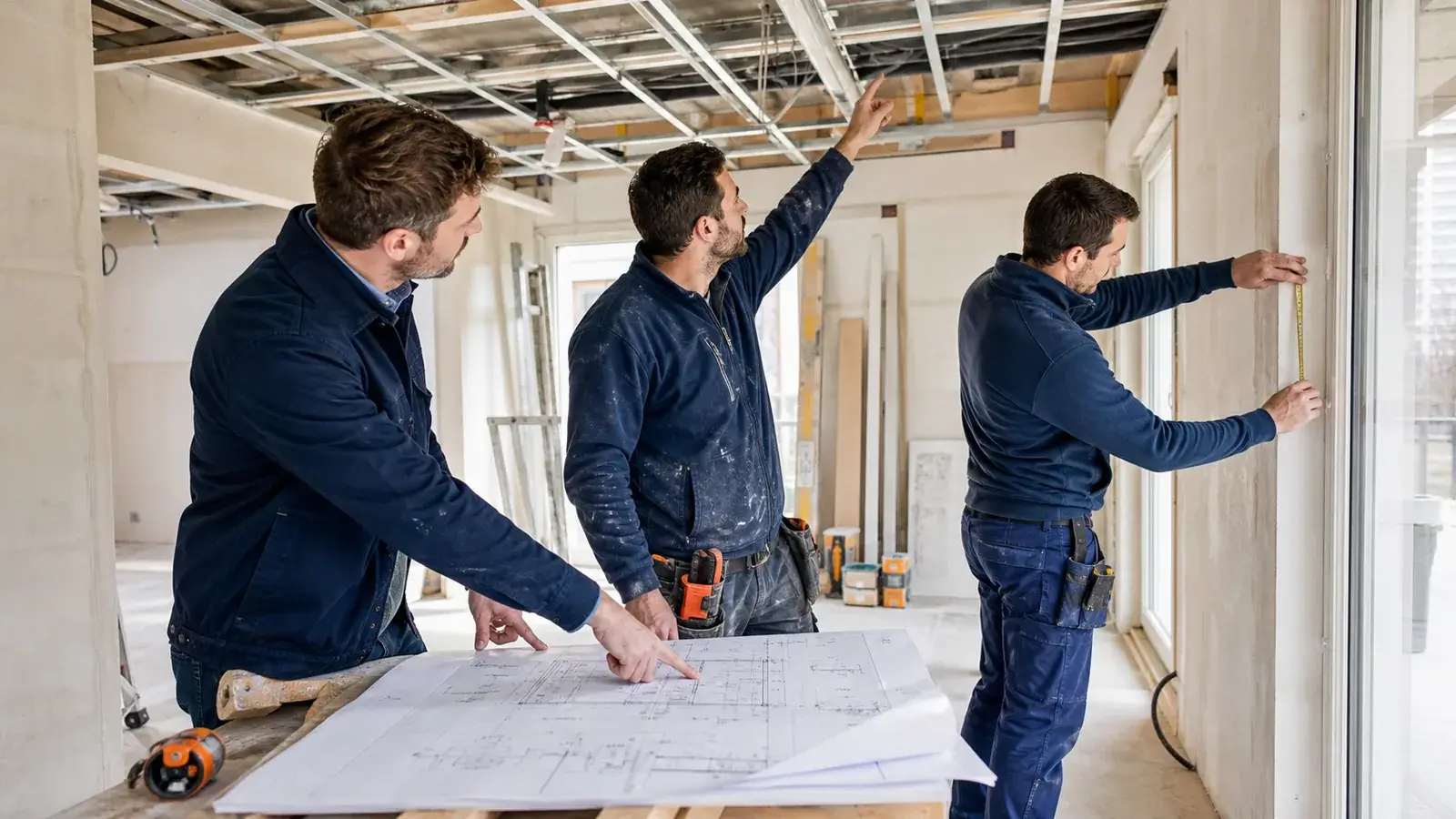 Équipe de maîtrise d’œuvre contrôlant les plans et l’exécution d’un chantier