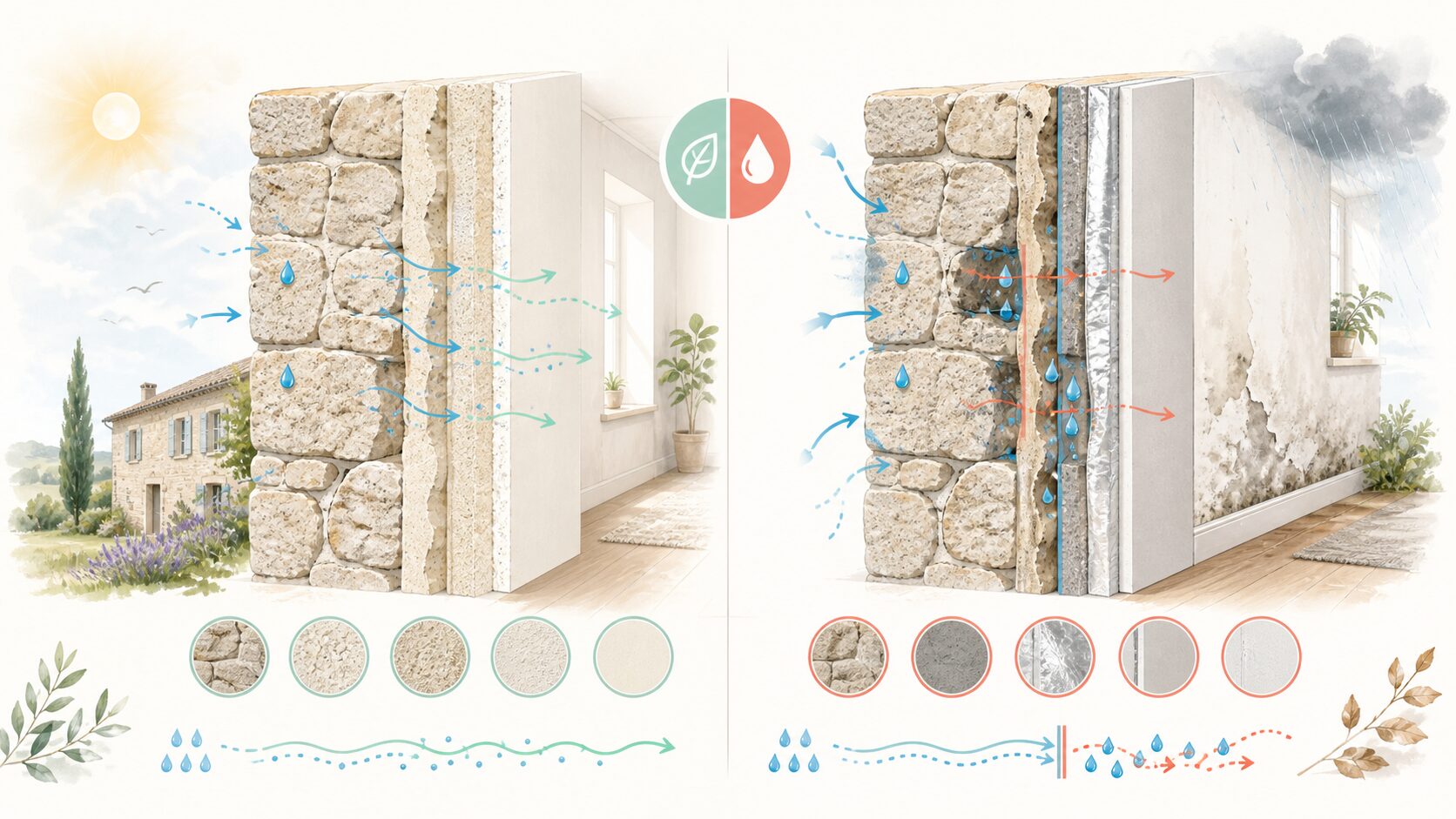 Comparaison en coupe entre un mur ancien respirant à la chaux et un mur qui emprisonne l’humidité derrière des couches étanches