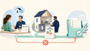 Parcours illustré reliant rendez-vous France Rénov’, audit énergétique et dossier d’aides