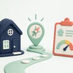 Maison bleue, repère France Rénov’ et rapport d’audit énergétique reliés par un parcours en argile 3D