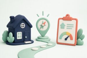 Maison bleue, repère France Rénov’ et rapport d’audit énergétique reliés par un parcours en argile 3D