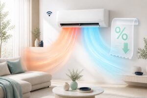 Pompe à chaleur air-air réversible diffusant de l’air chaud et froid à côté d’une facture à taux réduit