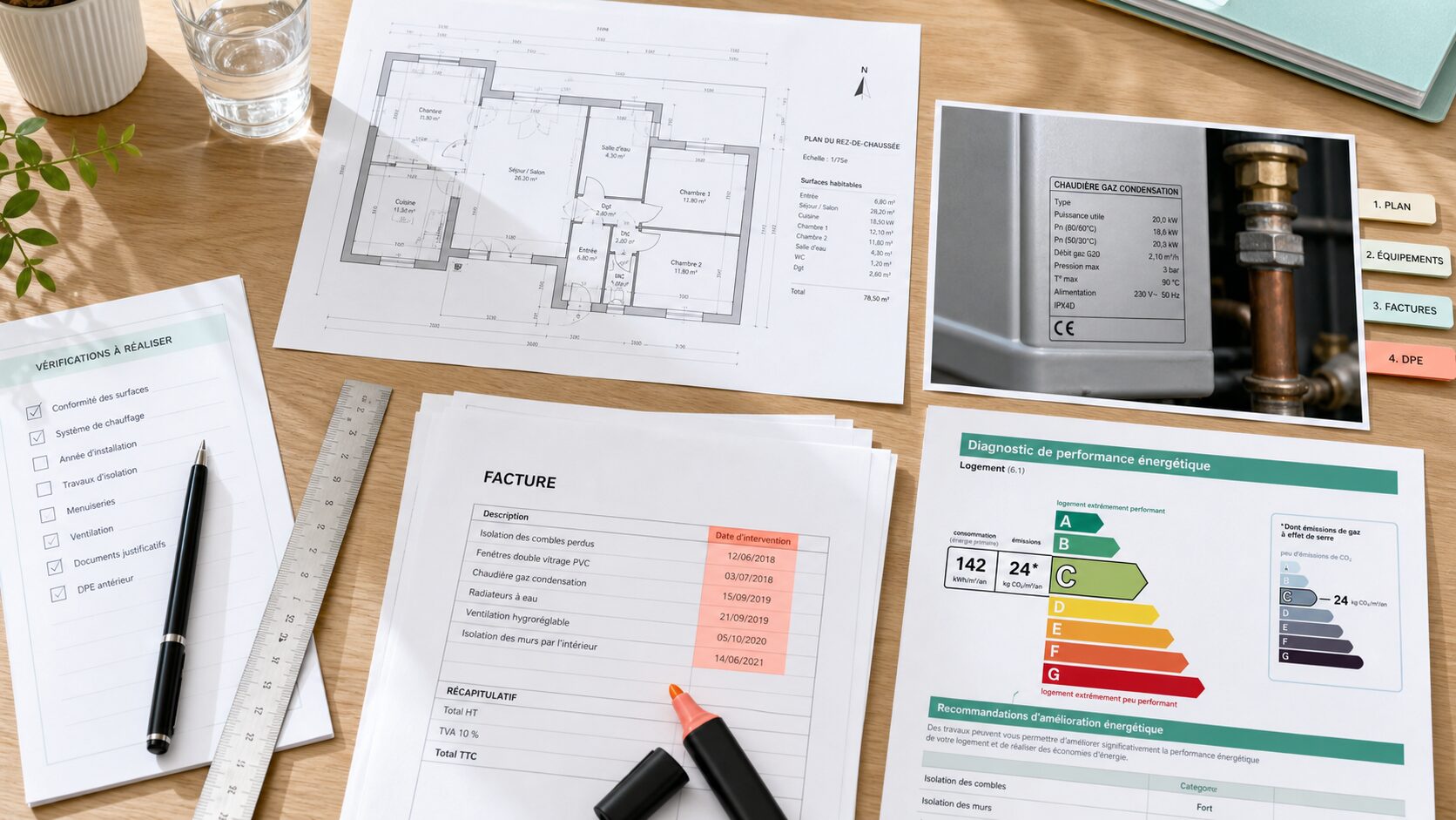 Plan du logement, photo de plaque signalétique, factures de rénovation et ancien DPE vérifiés ensemble avant un audit énergétique de vente