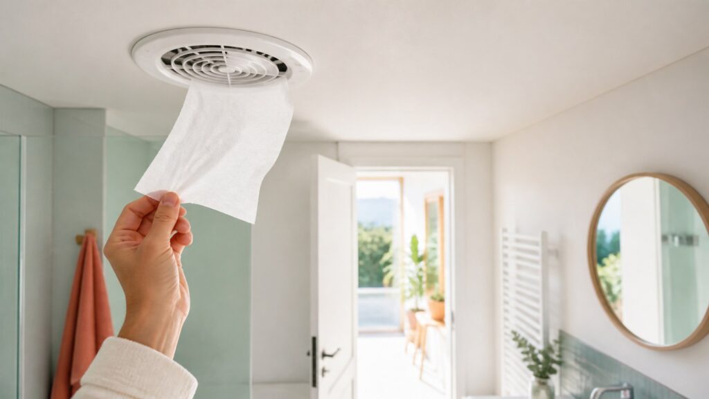 Main tenant une feuille de papier toilette devant une bouche d’extraction de VMC dans une salle de bains lumineuse