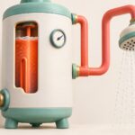 Chauffe-eau en coupe relié à une douche, illustrant le stockage et la distribution d’eau chaude à examiner pendant l’audit