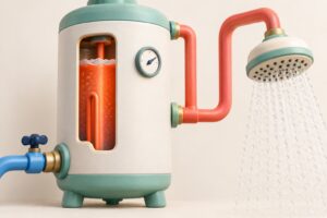 Chauffe-eau en coupe relié à une douche, illustrant le stockage et la distribution d’eau chaude à examiner pendant l’audit
