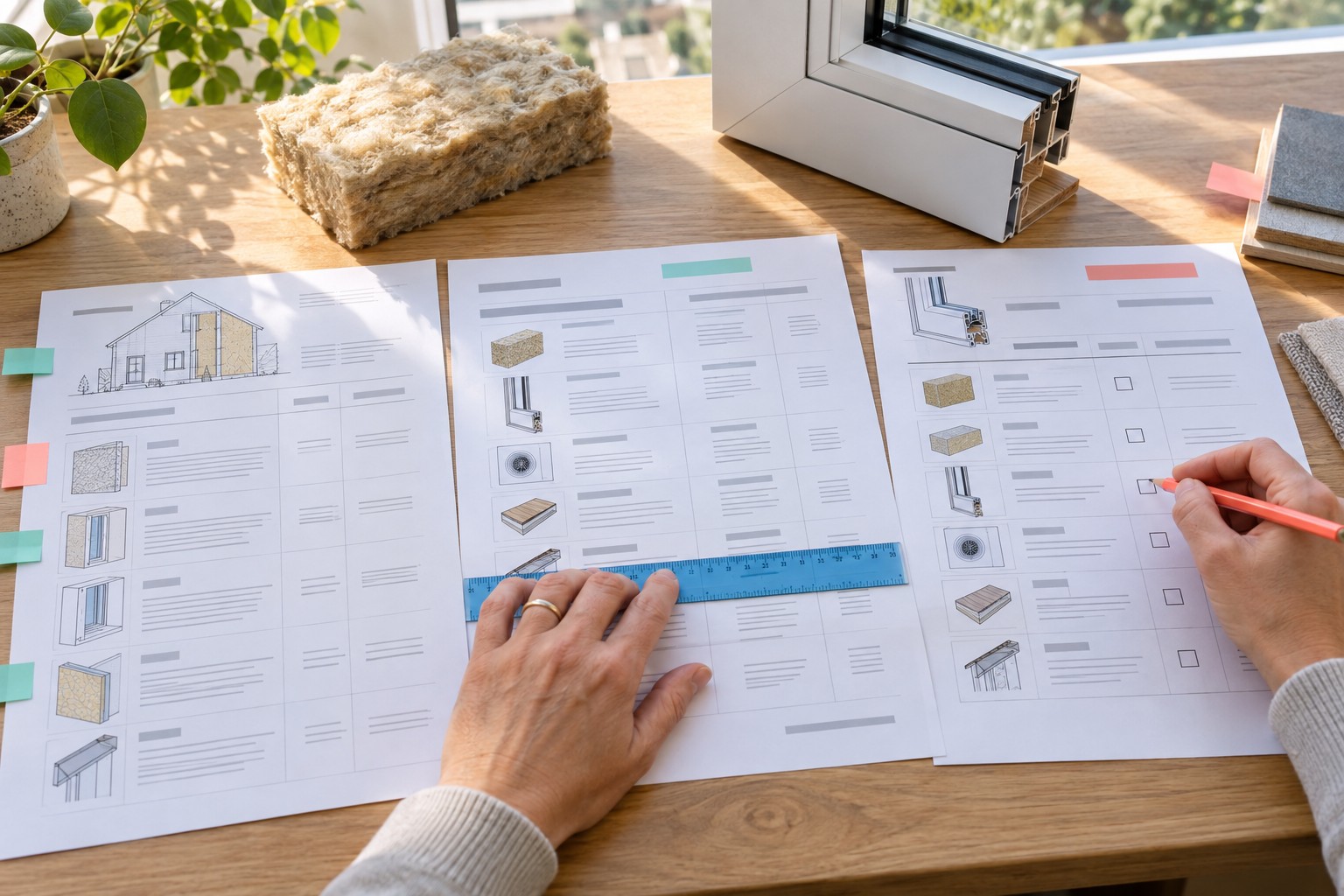 Comparaison de documents de rénovation avec une règle alignant les prestations et des échantillons d’isolation et de menuiserie