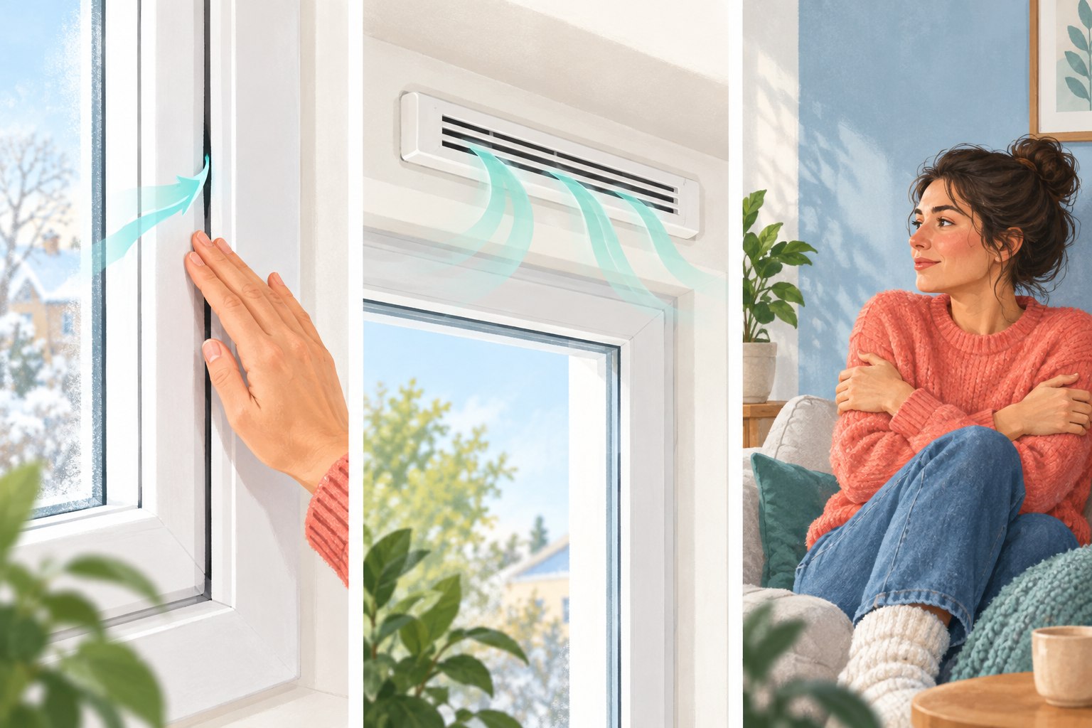Trois situations distinctes : fuite au raccord d’une fenêtre, entrée d’air de ventilation et inconfort près d’un mur froid