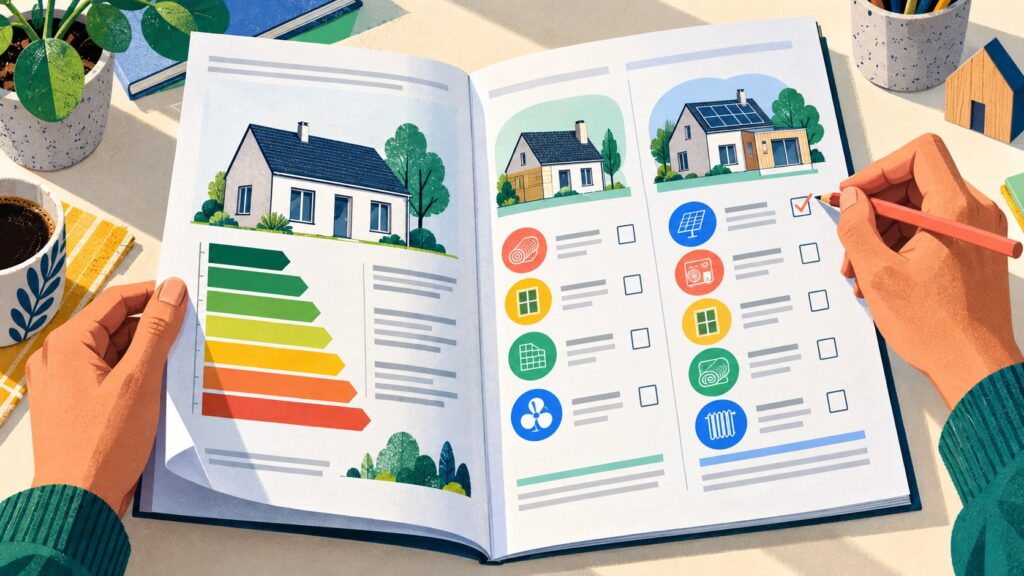 Rapport d’audit énergétique ouvert présentant le logement et deux parcours de rénovation, annoté au crayon
