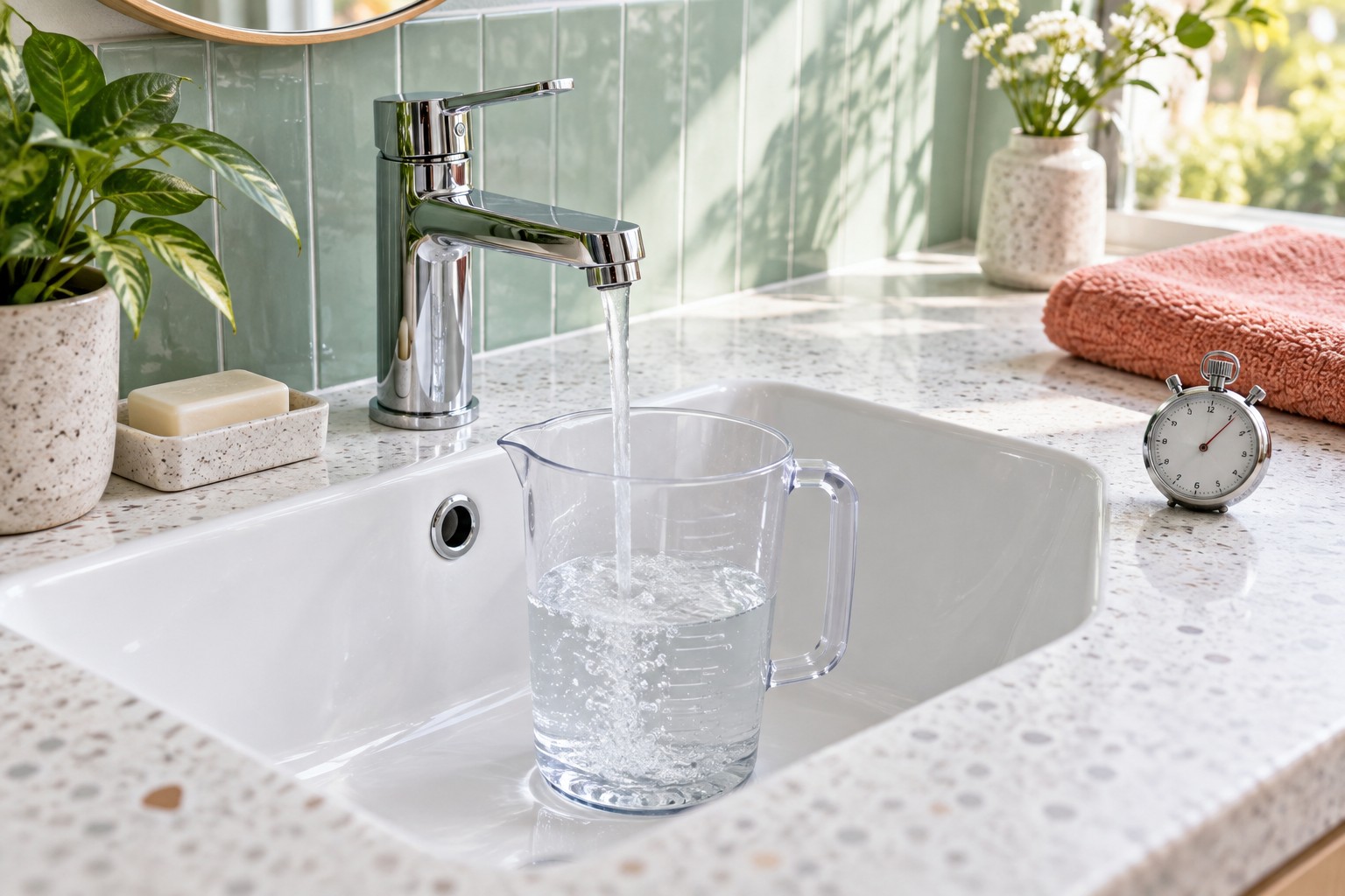 Récipient gradué sous un robinet et chronomètre sur le plan sec pour observer un débit d’eau sans démontage